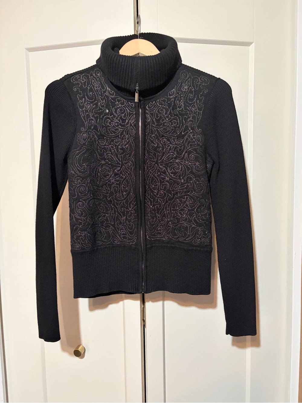 WHITE HOUSE BLACK MARKET 
Black Embroidered Zip-Front Sweater Jacket